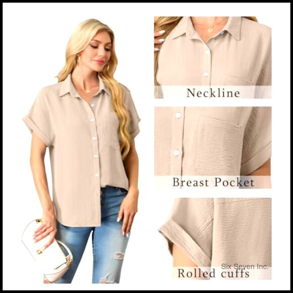Short Sleeve Button Down Shirt V Neck Loose Fit Casual Top with Pocket - Picture 6 of 7